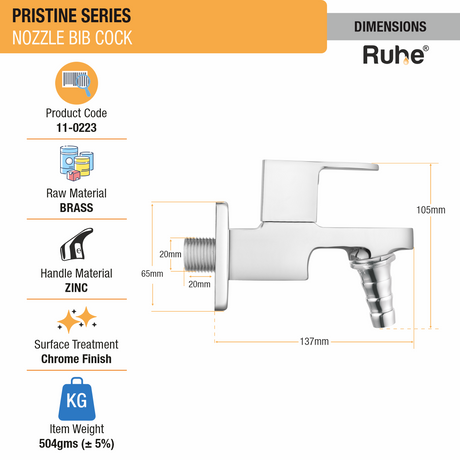 Pristine Nozzle Bib Tap Brass Faucet dimensions and size