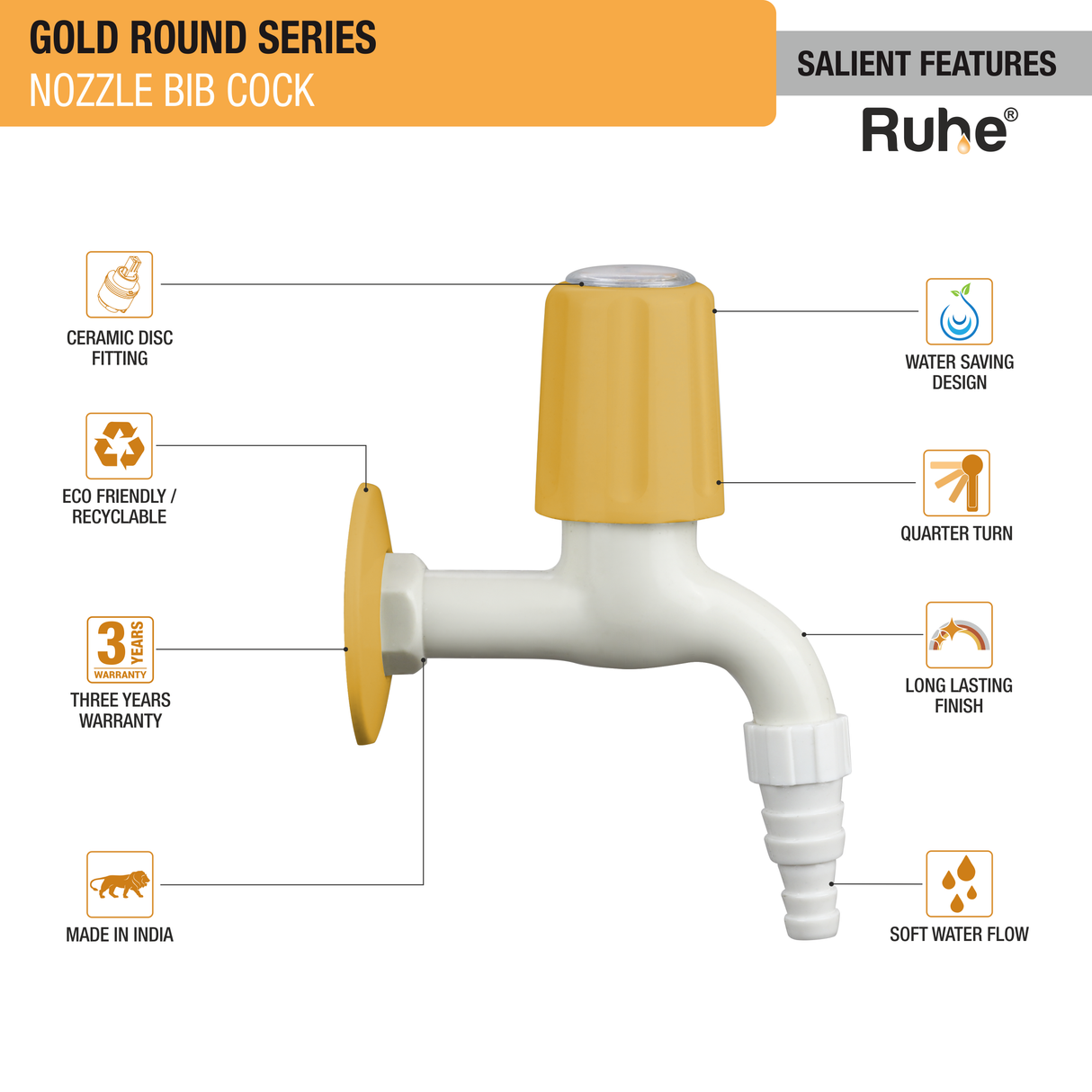 Gold Round Nozzle Bib Tap PTMT Faucet - by Ruhe®