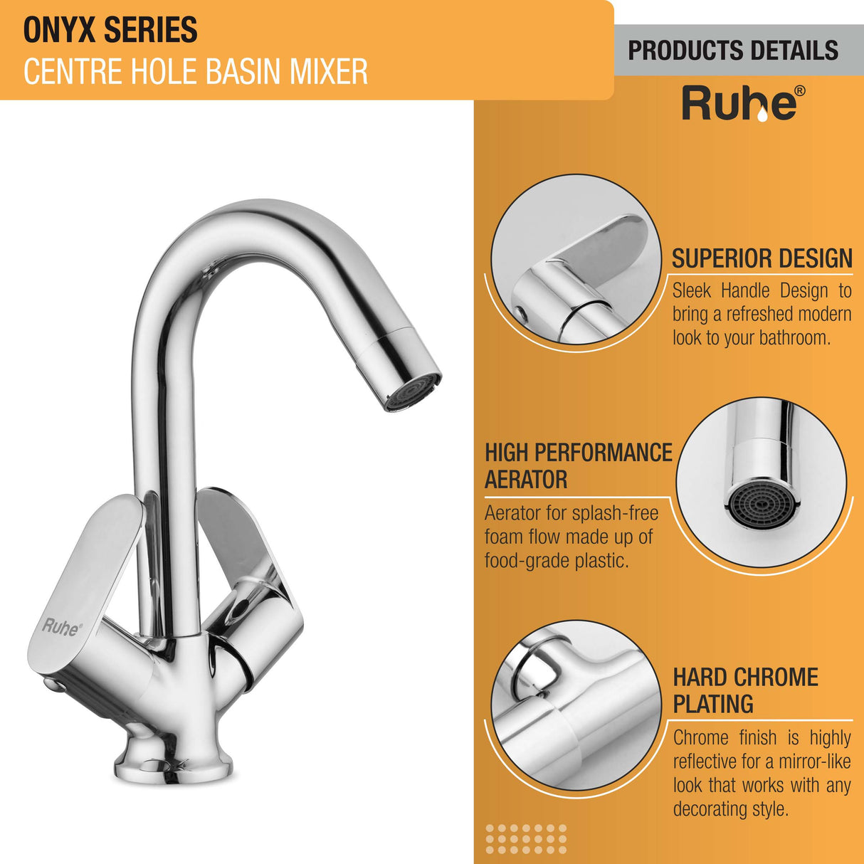 Onyx Centre Hole Basin Mixer Brass Faucet with Small (12 inches) Round Spout product details with superior design, foam flow aerator, chrome plating