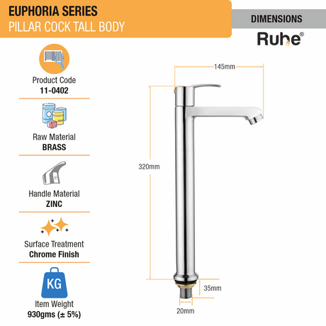 Euphoria Pillar Tap Tall Body Brass Faucet dimensions and size