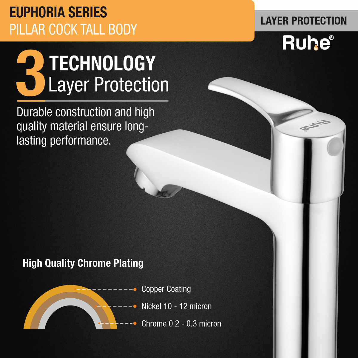 Euphoria Pillar Tap Tall Body Brass Faucet 3 layer protection
