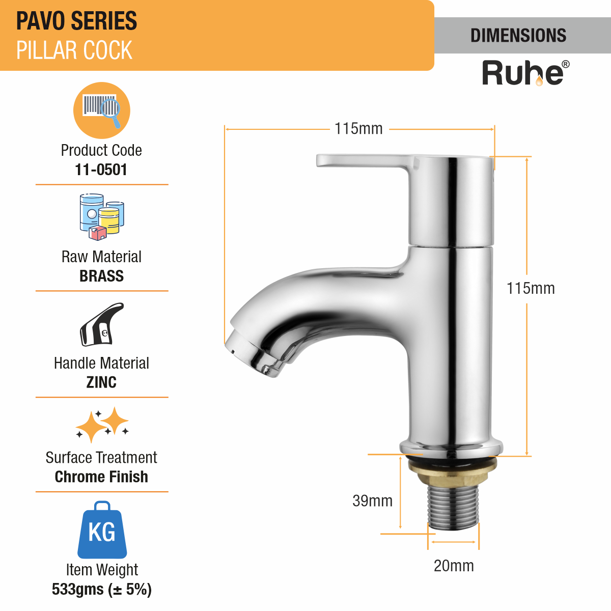 Pavo Pillar Tap Brass Faucet dimensions and size