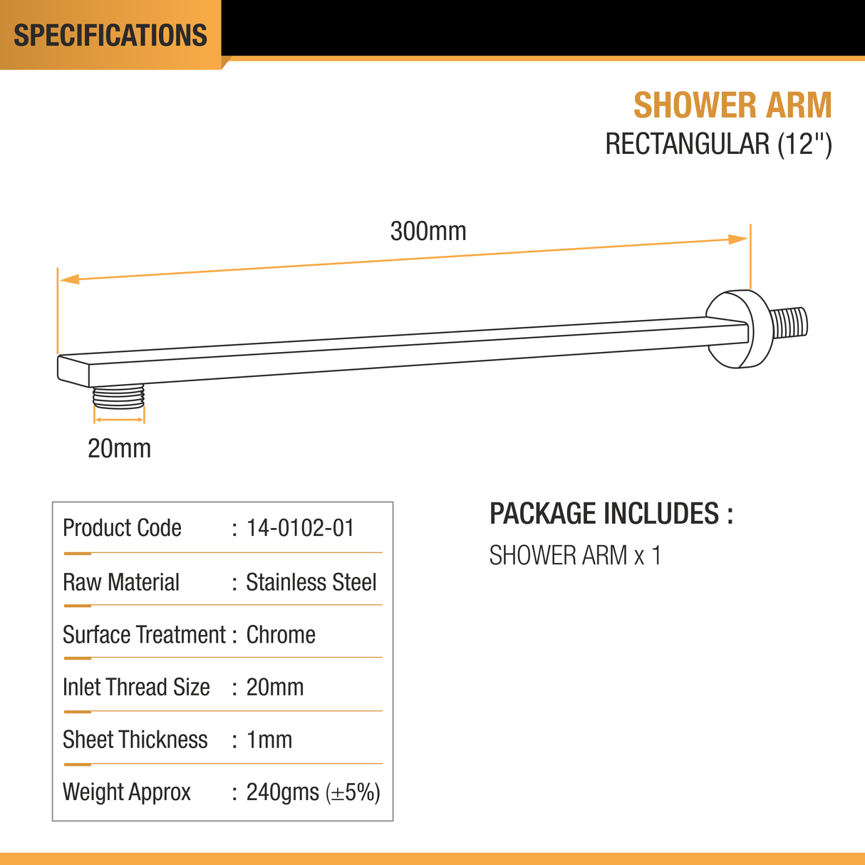 Rectangular Shower Arm (12 Inches) with Flange - by Ruhe