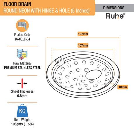 Neon Round Floor Drain (5 Inches) with Hinged Grating Top & Hole (Pack of 2) dimensions and sizes