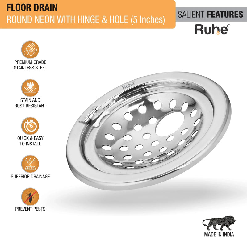 Neon Round Floor Drain (5 Inches) with Hinged Grating Top & Hole (Pack of 2) - by Ruhe