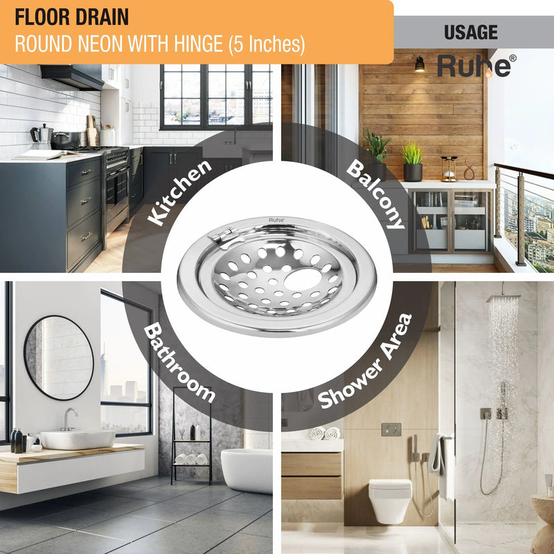 Neon Round Floor Drain (5 Inches) with Hinged Grating Top & Hole (Pack of 2) - by Ruhe