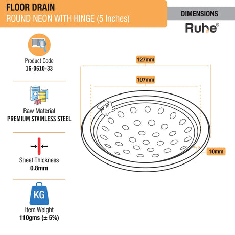Neon Round Floor Drain (5 Inches) with Hinged Grating Top (Pack of 2) dimensions and sizes