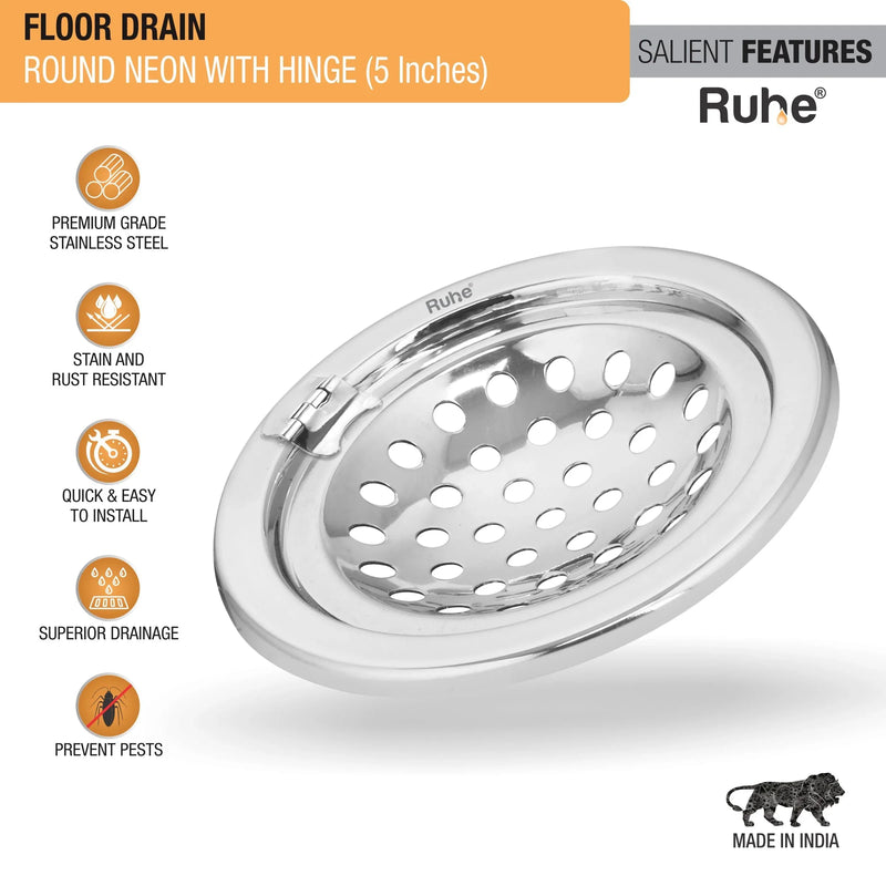 Neon Round Floor Drain (5 Inches) with Hinged Grating Top (Pack of 2) - by Ruhe