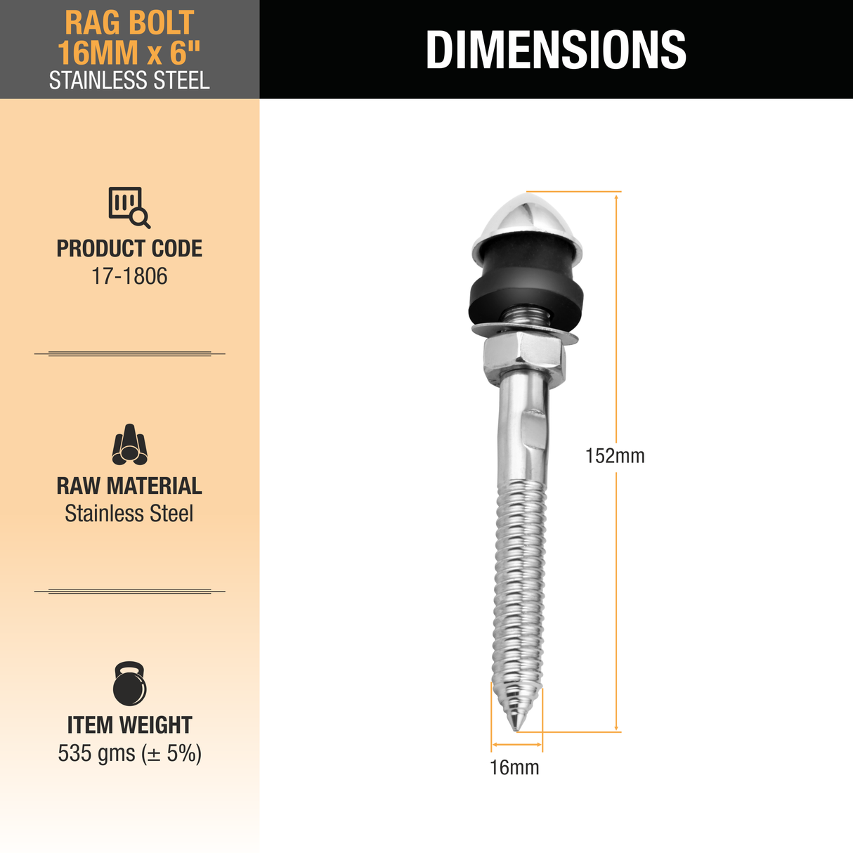 Rag Bolt Stainless Steel (16mm X 6 inches) - by Ruhe