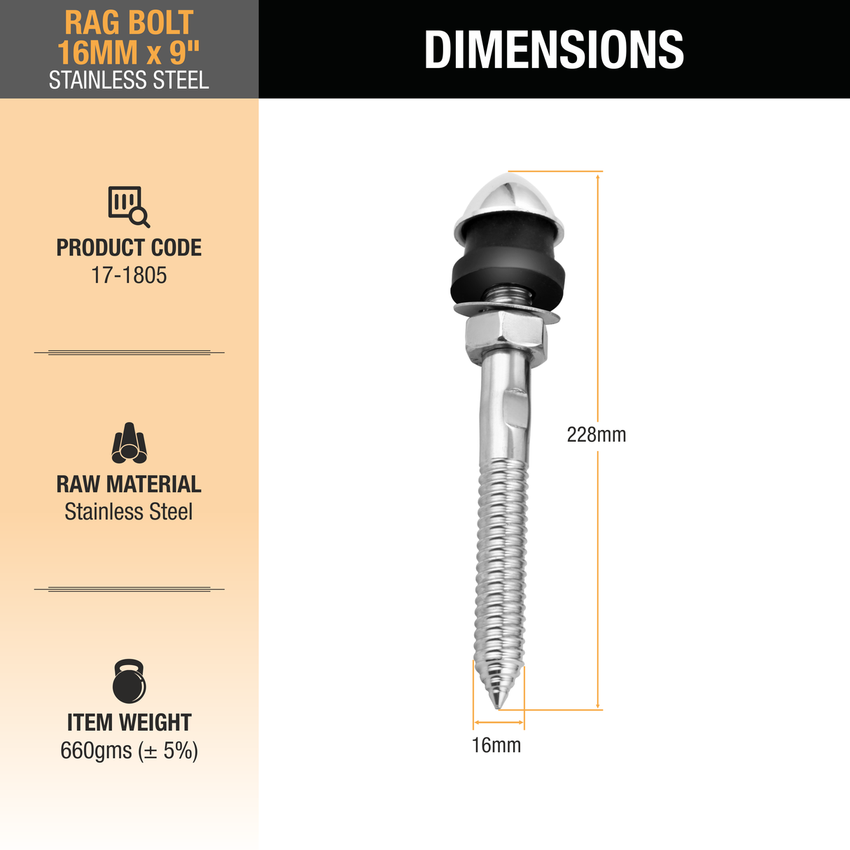 Rag Bolt Stainless Steel (16mm X 9 inches) - by Ruhe®