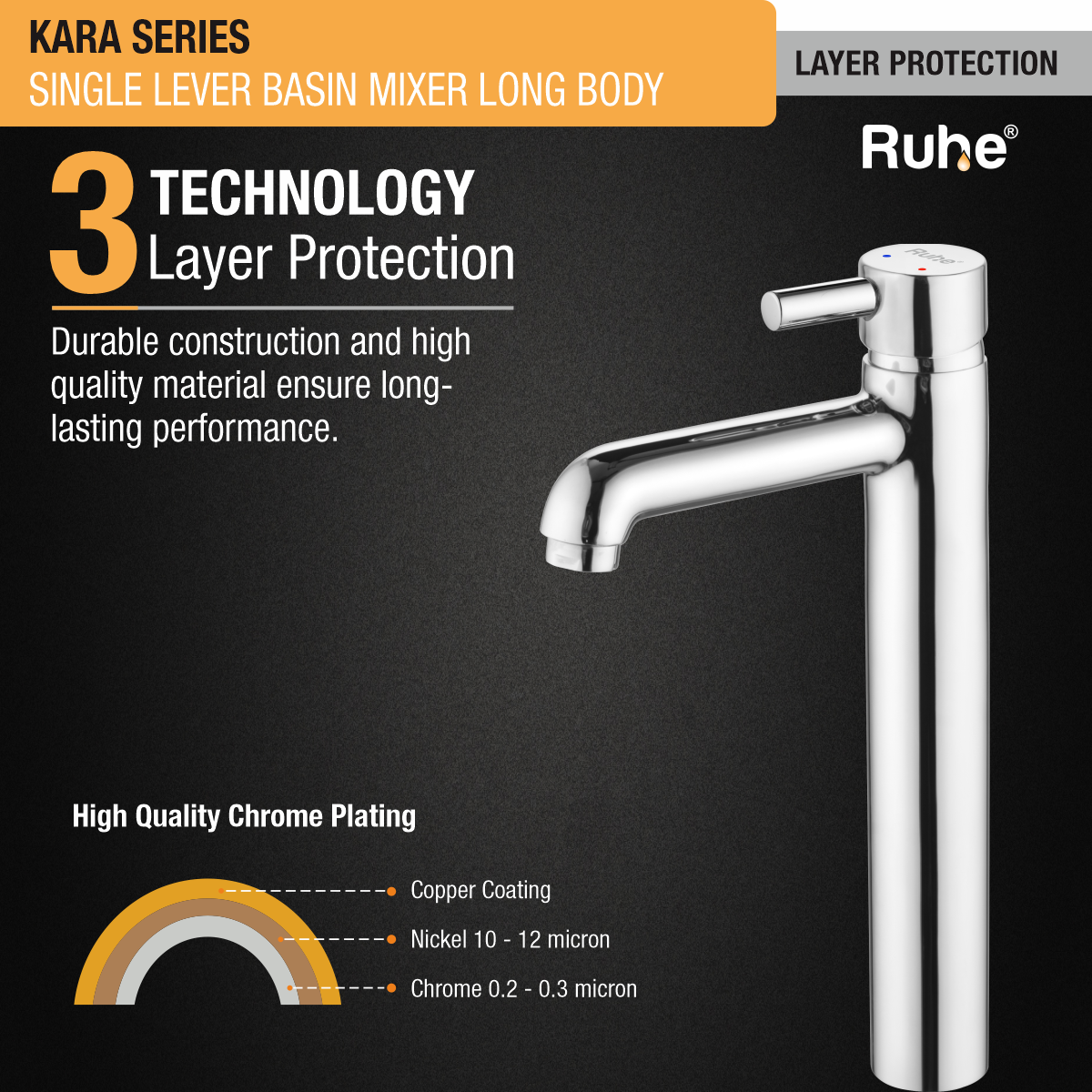 Kara Single Lever Tall Body Basin Brass Mixer Faucet 3 layer protection