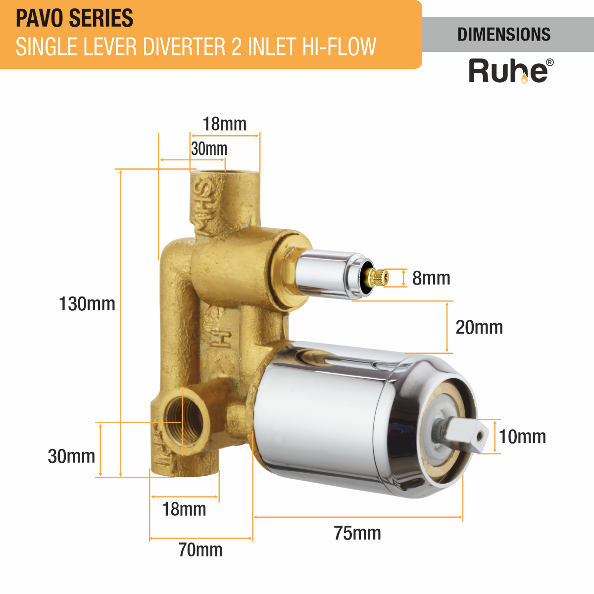 Pavo Single Lever 2-inlet Hi-Flow Diverter (Complete Set) dimensions and size