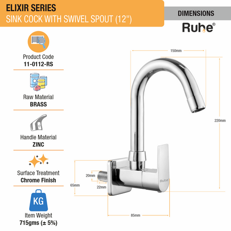 Elixir Sink Tap With Small (12 inches) Round Swivel Spout Faucet dimensions and size