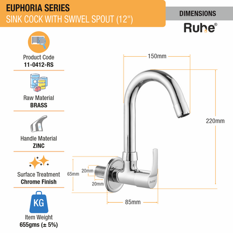 Euphoria Sink Tap with Small (12 inches) Round Swivel Spout Faucet dimensions and size