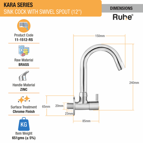Kara Sink Tap with Small (12 inches) Round Swivel Spout Brass Faucet dimensions and sizes