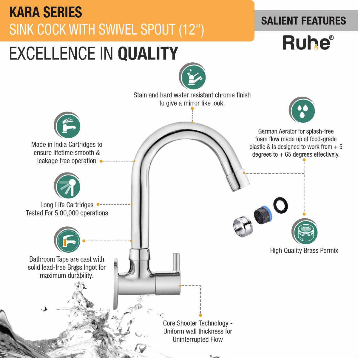 Kara Sink Tap with Small (12 inches) Round Swivel Spout Brass Faucet features and benefits