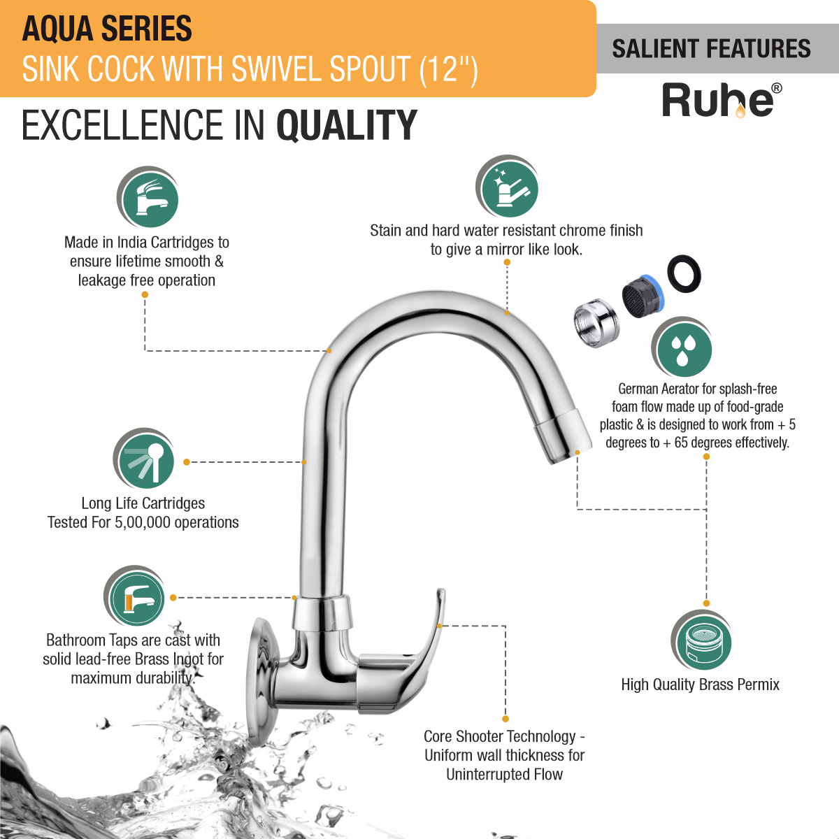 Aqua Sink Tap with Small (12 inches) Round Swivel Spout Faucet features