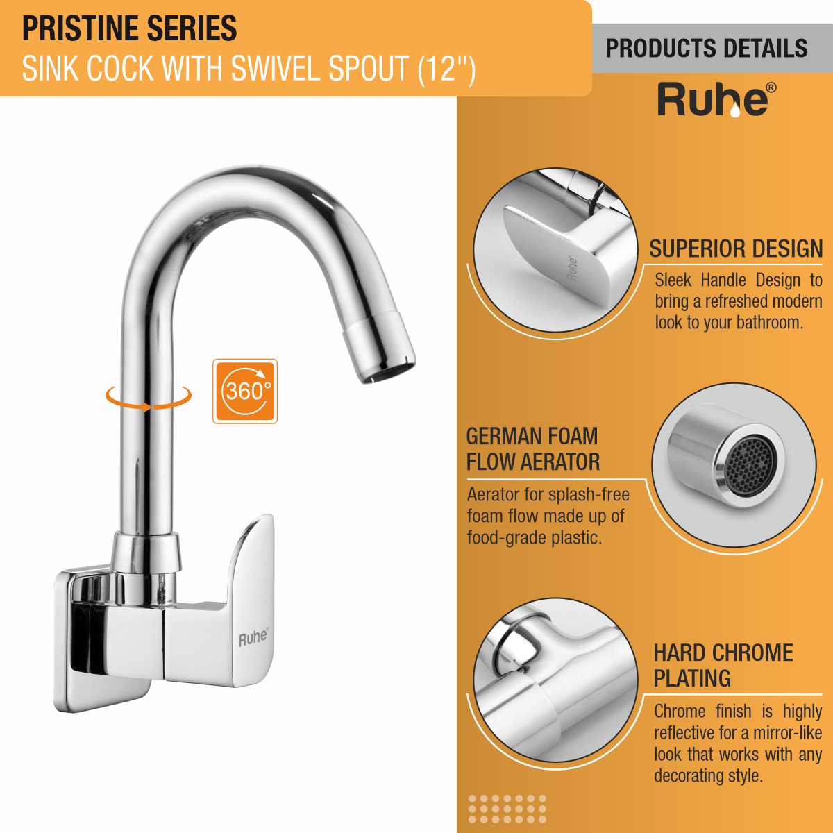 Pristine Sink Tap with Small (12 inches) Round Swivel Spout Brass Faucet product details