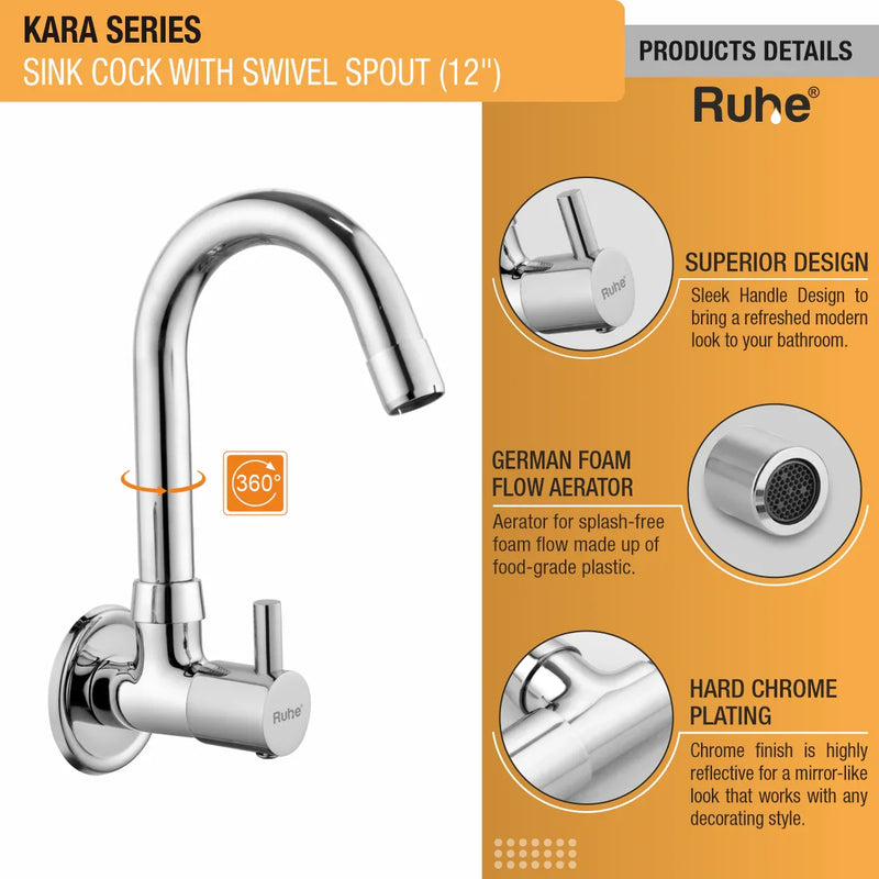 Kara Wall Mount Kitchen Sink Tap with Swivel Spout