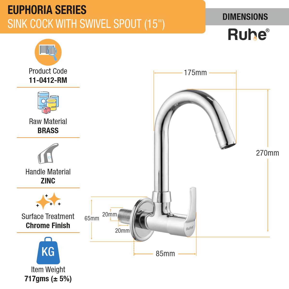 Euphoria Sink Tap with Medium (15 inches) Round Swivel Spout Faucet dimensions and size