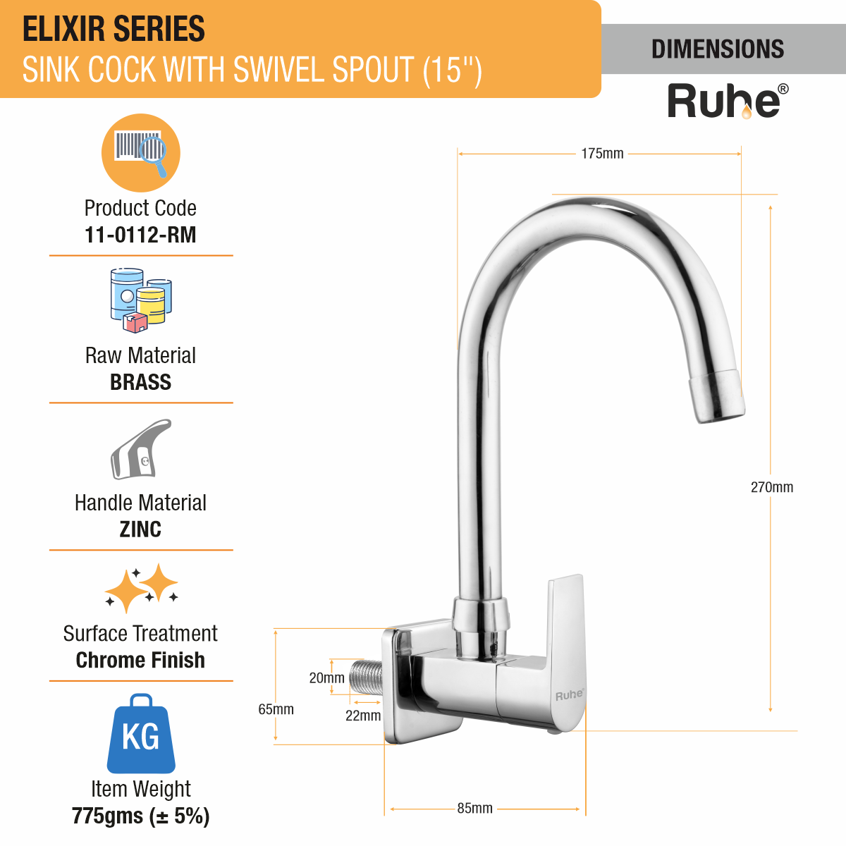 Elixir Sink Tap with Medium (15 inches) Round Swivel Spout Faucet dimensions and size