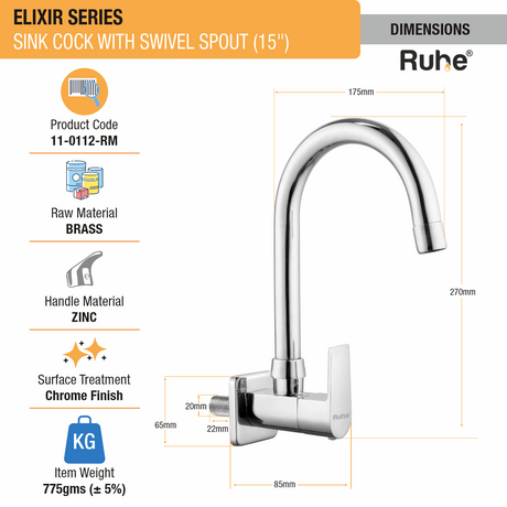 Elixir Sink Tap with Medium (15 inches) Round Swivel Spout Faucet dimensions and size