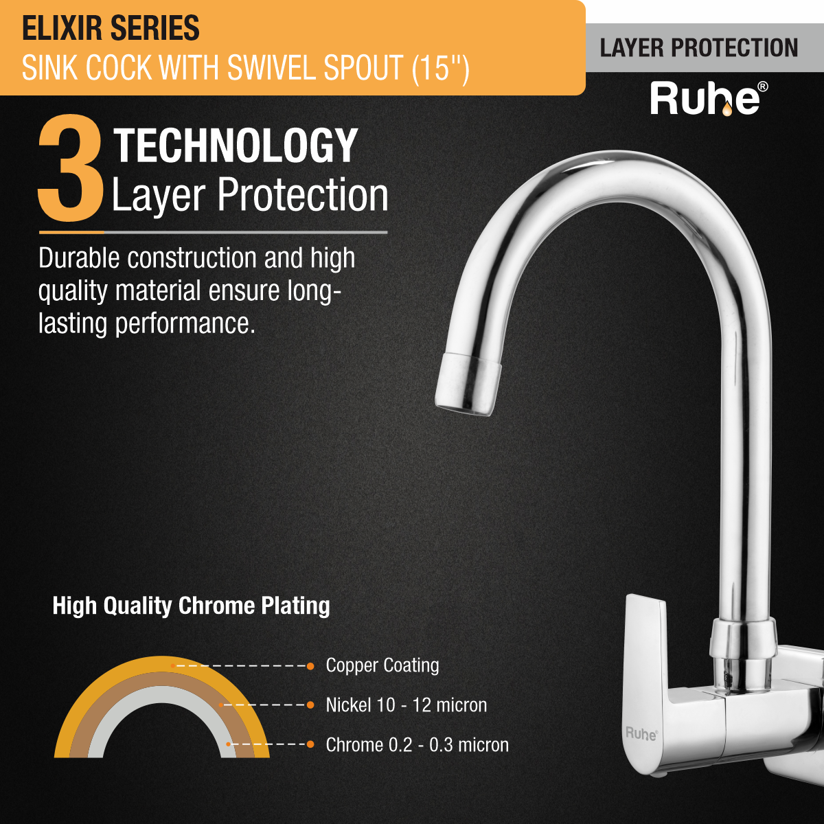 Elixir Sink Tap with Medium (15 inches) Round Swivel Spout Faucet 3 layer protection