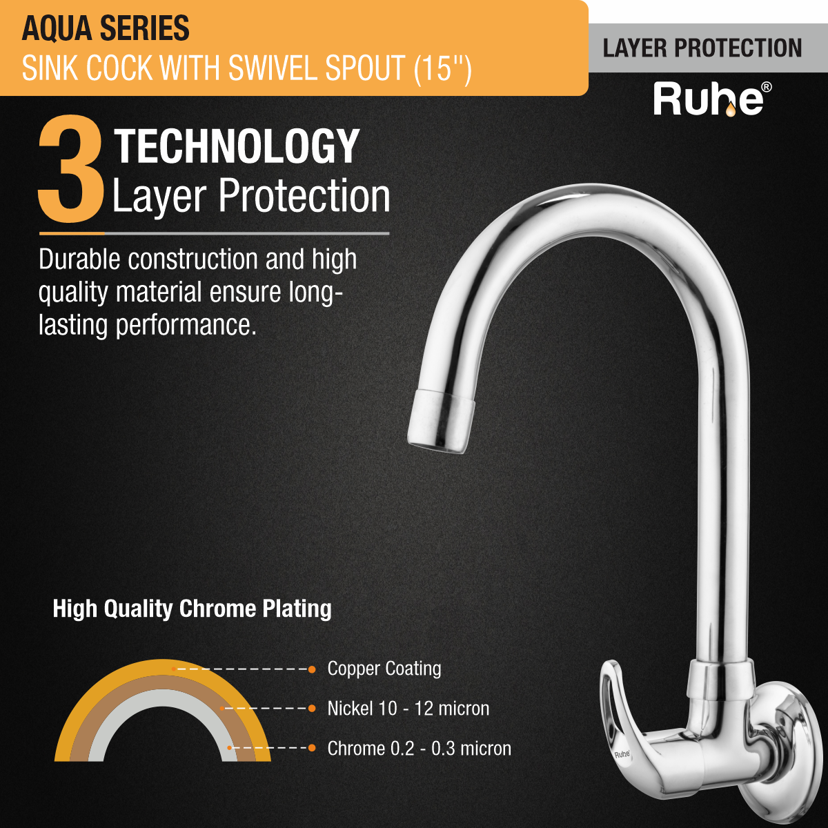 Aqua Sink Tap with Medium (15 inches) Round Swivel Spout Faucet 3 layer protection