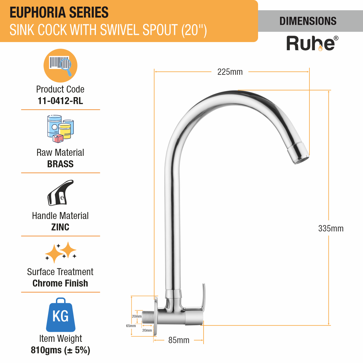 Euphoria Sink Tap with Large (20 inches) Round Swivel Spout Faucet dimensions and size