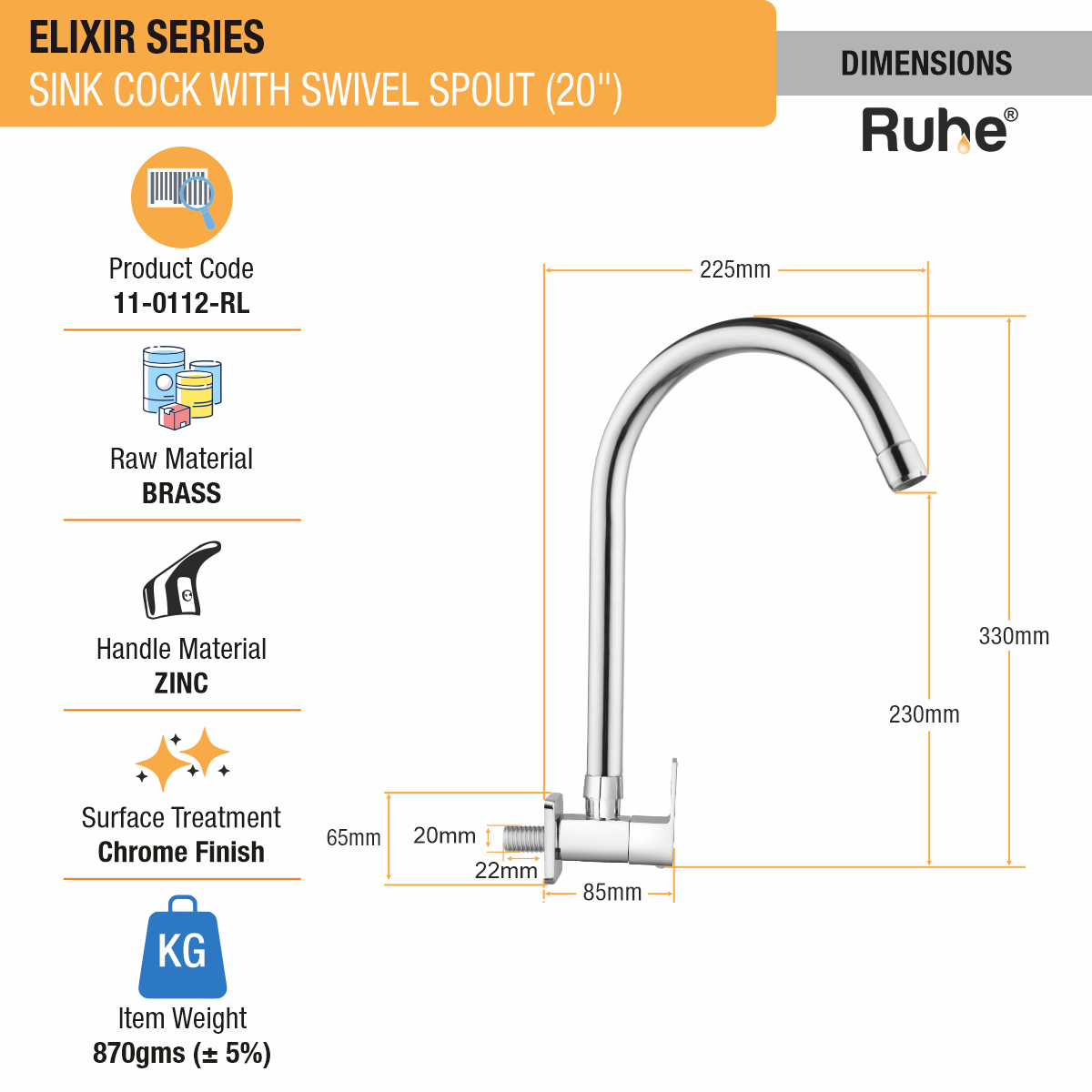 Elixir Sink Tap with Large (20 inches) Round Swivel Spout Faucet dimensions and size