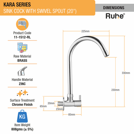 Kara Sink Tap with Large (20 inches) Round Swivel Spout Faucet dimensions and sizes