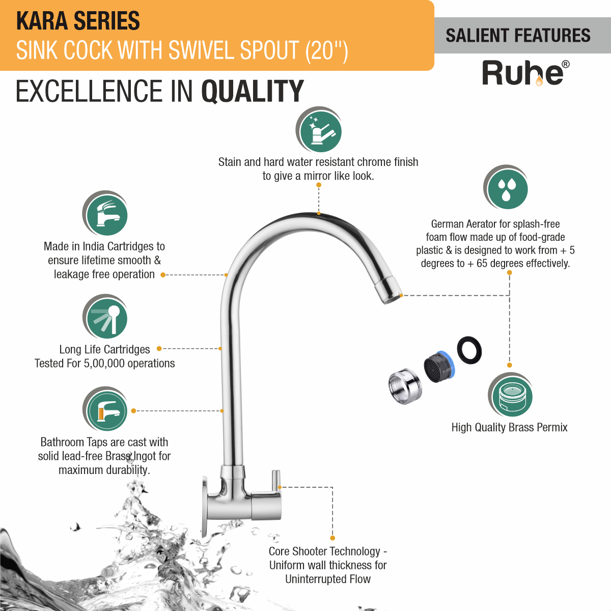 Kara Sink Tap with Large (20 inches) Round Swivel Spout Faucet features and benefits