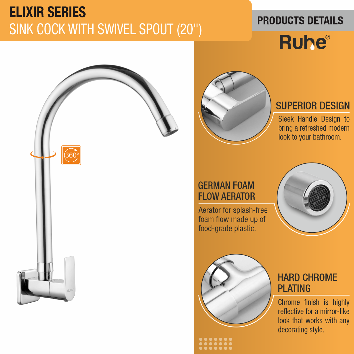 Elixir Sink Tap with Large (20 inches) Round Swivel Spout Faucet product details
