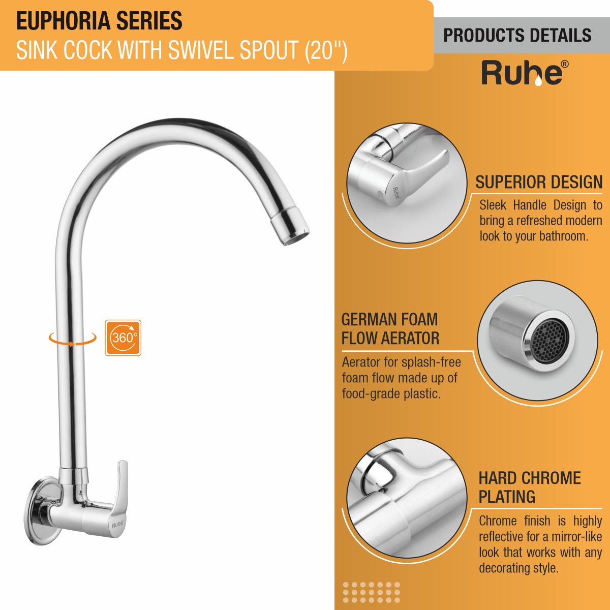 Euphoria Sink Tap with Large (20 inches) Round Swivel Spout Faucet product details