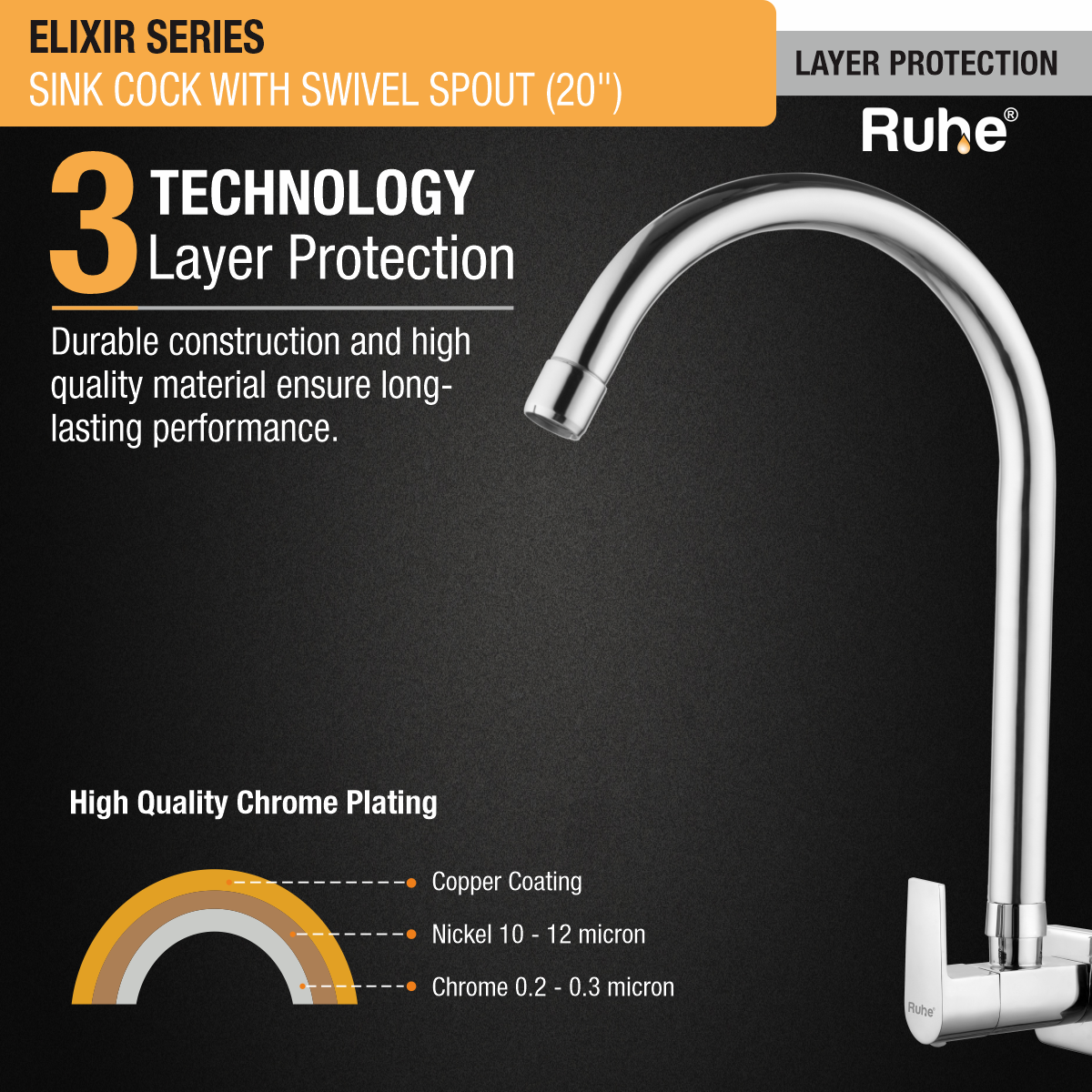 Elixir Sink Tap with Large (20 inches) Round Swivel Spout Faucet 3 layer protection