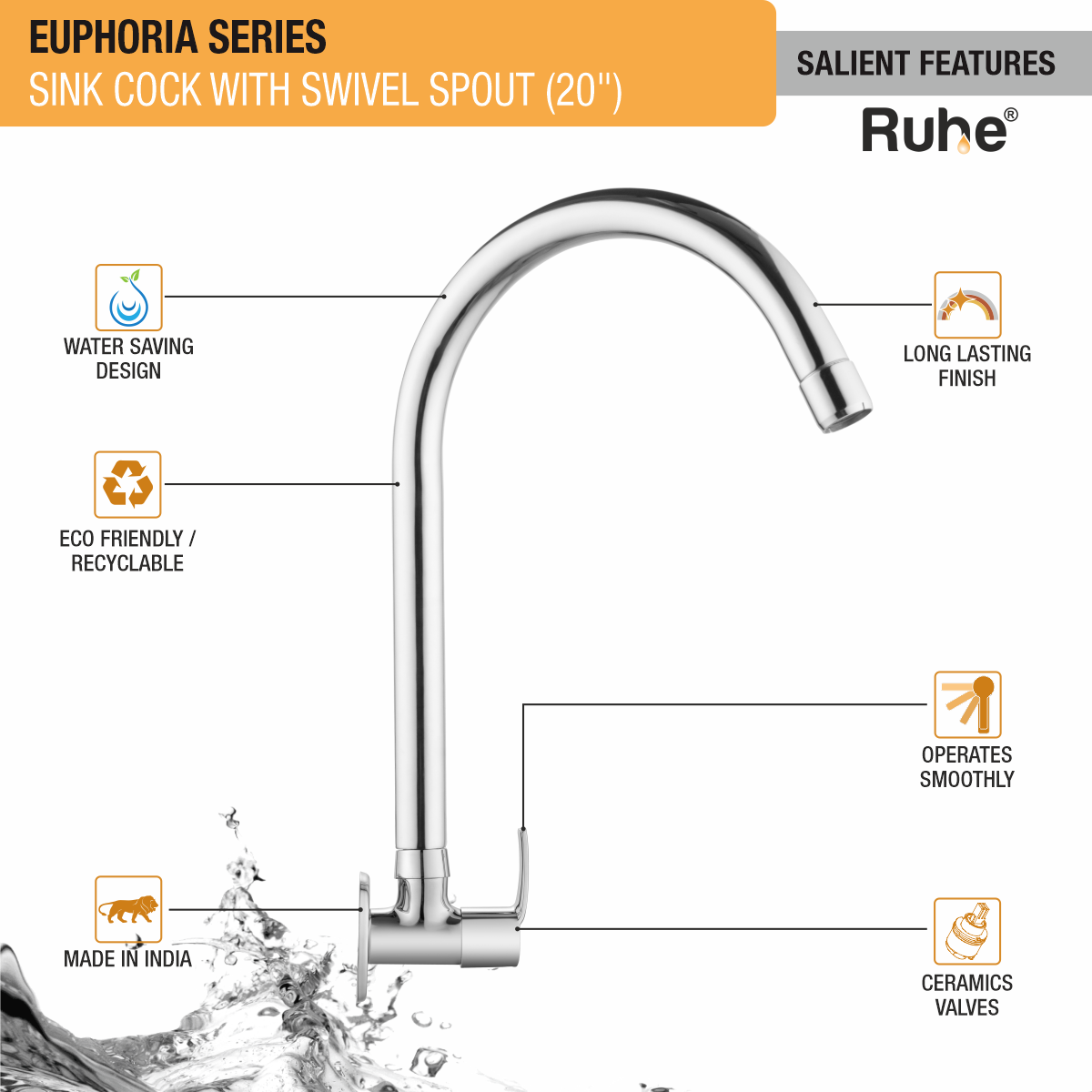 Euphoria Sink Tap with Large (20 inches) Round Swivel Spout Faucet features