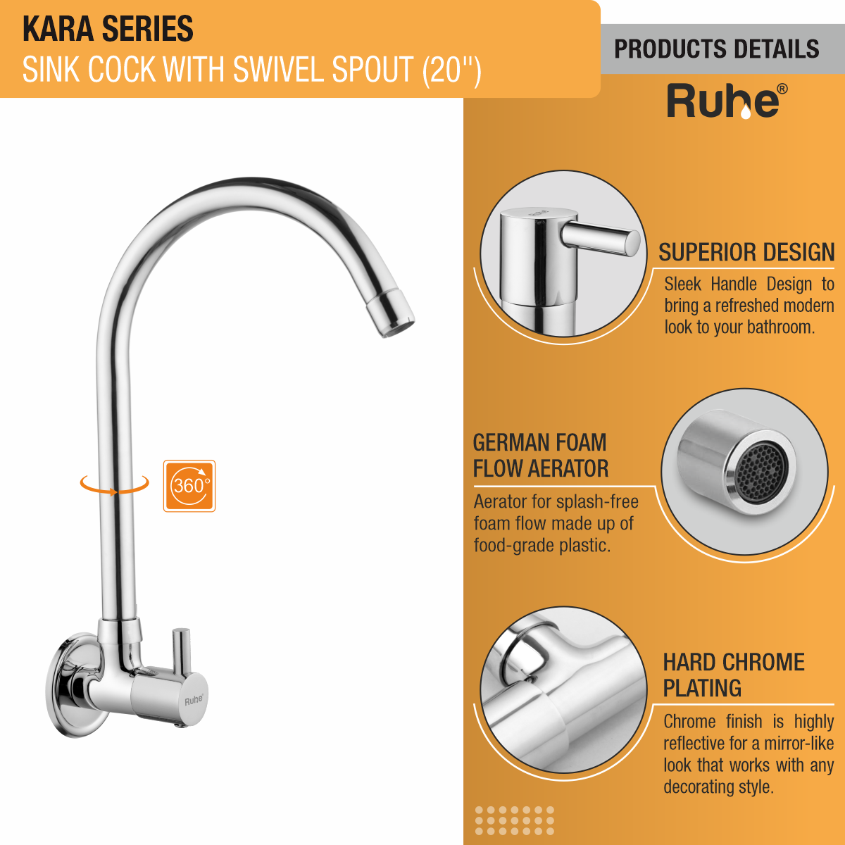 Kara Sink Tap with Large (20 inches) Round Swivel Spout Faucet product details