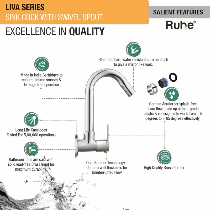 Liva Sink Tap with Round Swivel Spout Faucet - by Ruhe