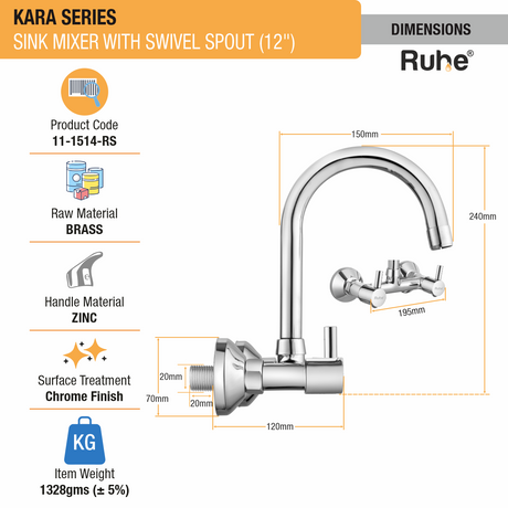 Kara Sink Mixer with Small (12 inches) Round Swivel Spout Faucet dimensions and size