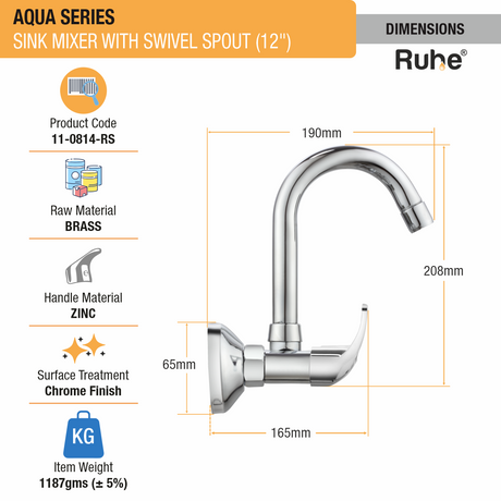 Aqua Sink Mixer with Small (12 inches) Round Swivel Spout Faucet dimensions and size