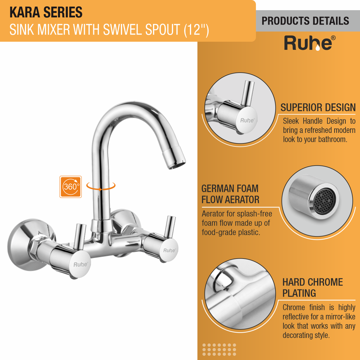 Kara Sink Mixer with Small (12 inches) Round Swivel Spout Faucet product details 