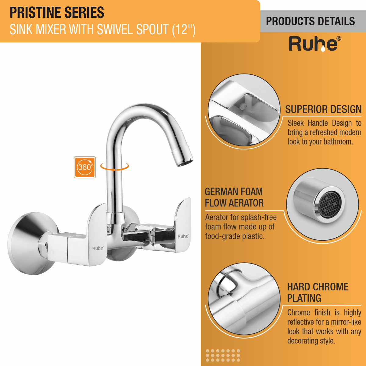 Pristine Sink Mixer with Small (12 inches) Round Swivel Spout Faucet product details
