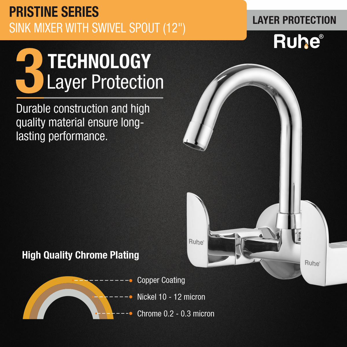 Pristine Sink Mixer with Small (12 inches) Round Swivel Spout Faucet 3 layer protection