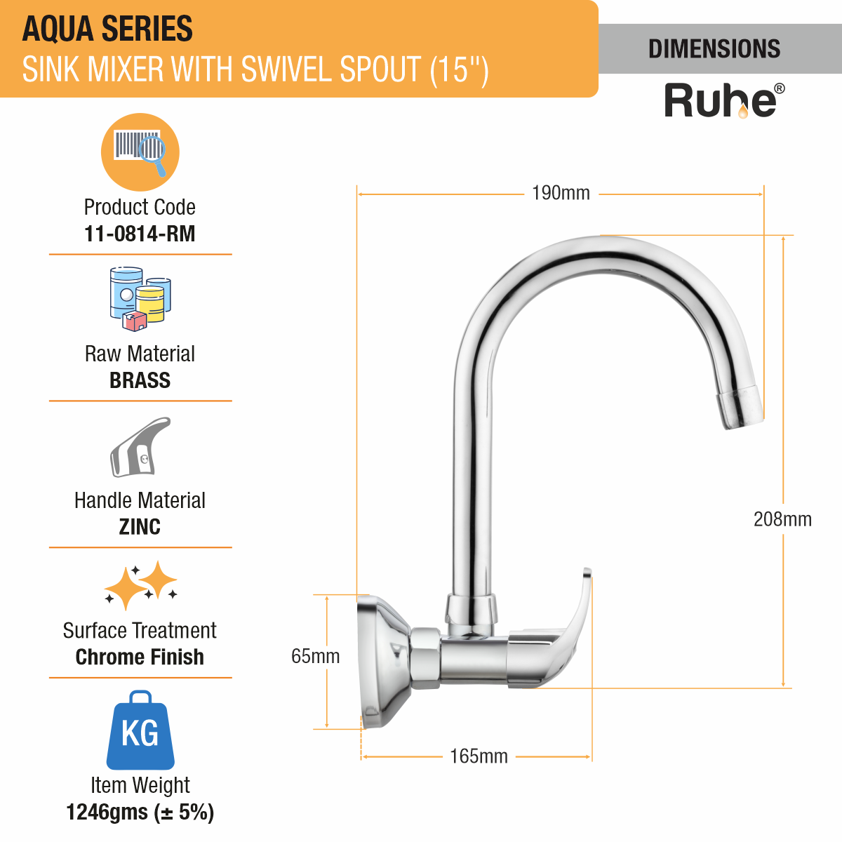Aqua Sink Mixer with Medium (15 inches) Round Swivel Spout Faucet dimensions and size