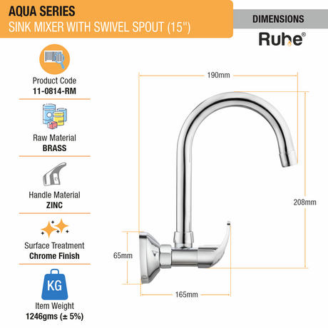 Aqua Sink Mixer with Medium (15 inches) Round Swivel Spout Faucet dimensions and size