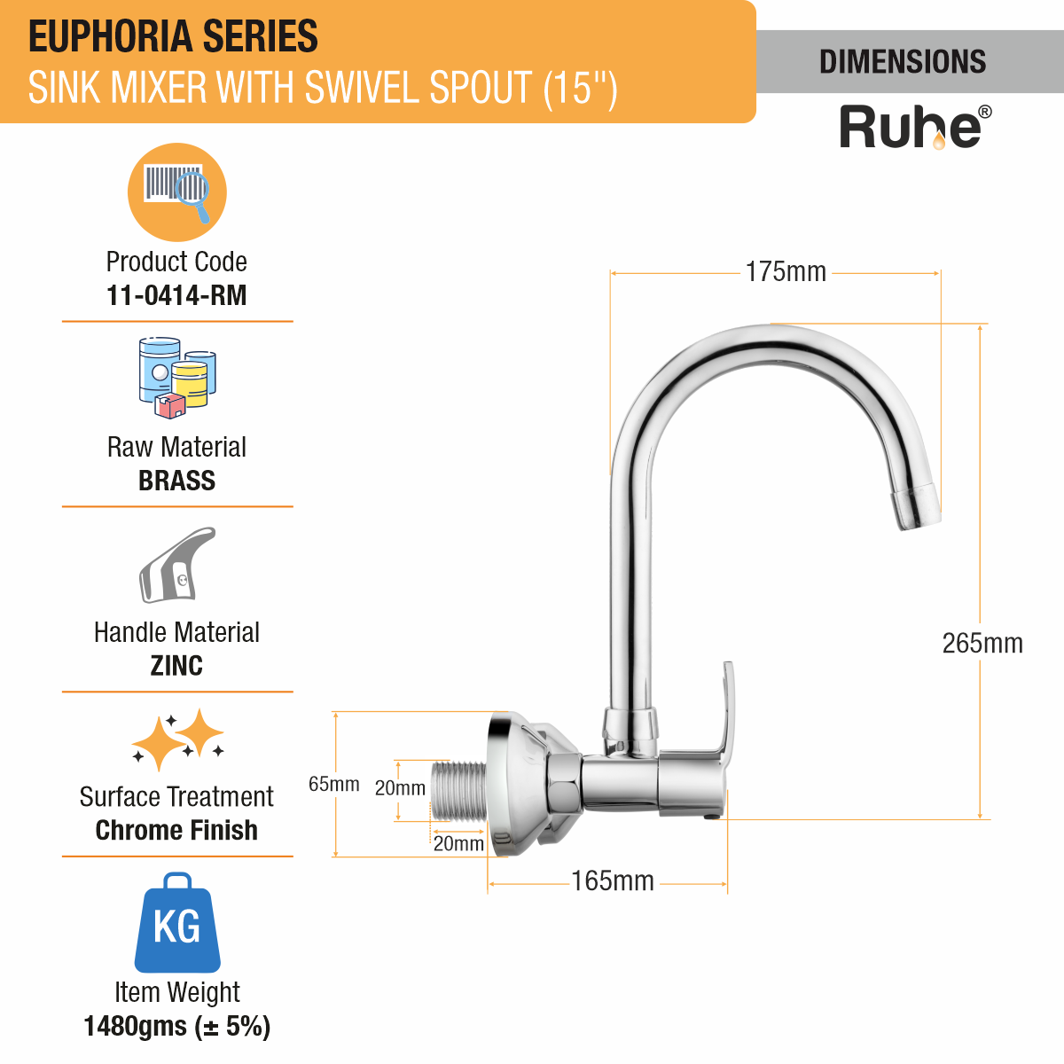 Euphoria Sink Mixer with Medium (15 inches) Round Swivel Spout Faucet dimensions and size