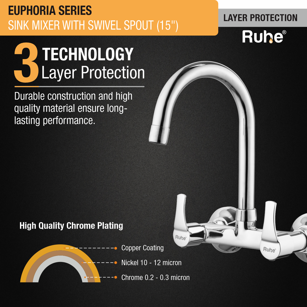 Euphoria Sink Mixer with Medium (15 inches) Round Swivel Spout Faucet 3 layer protection