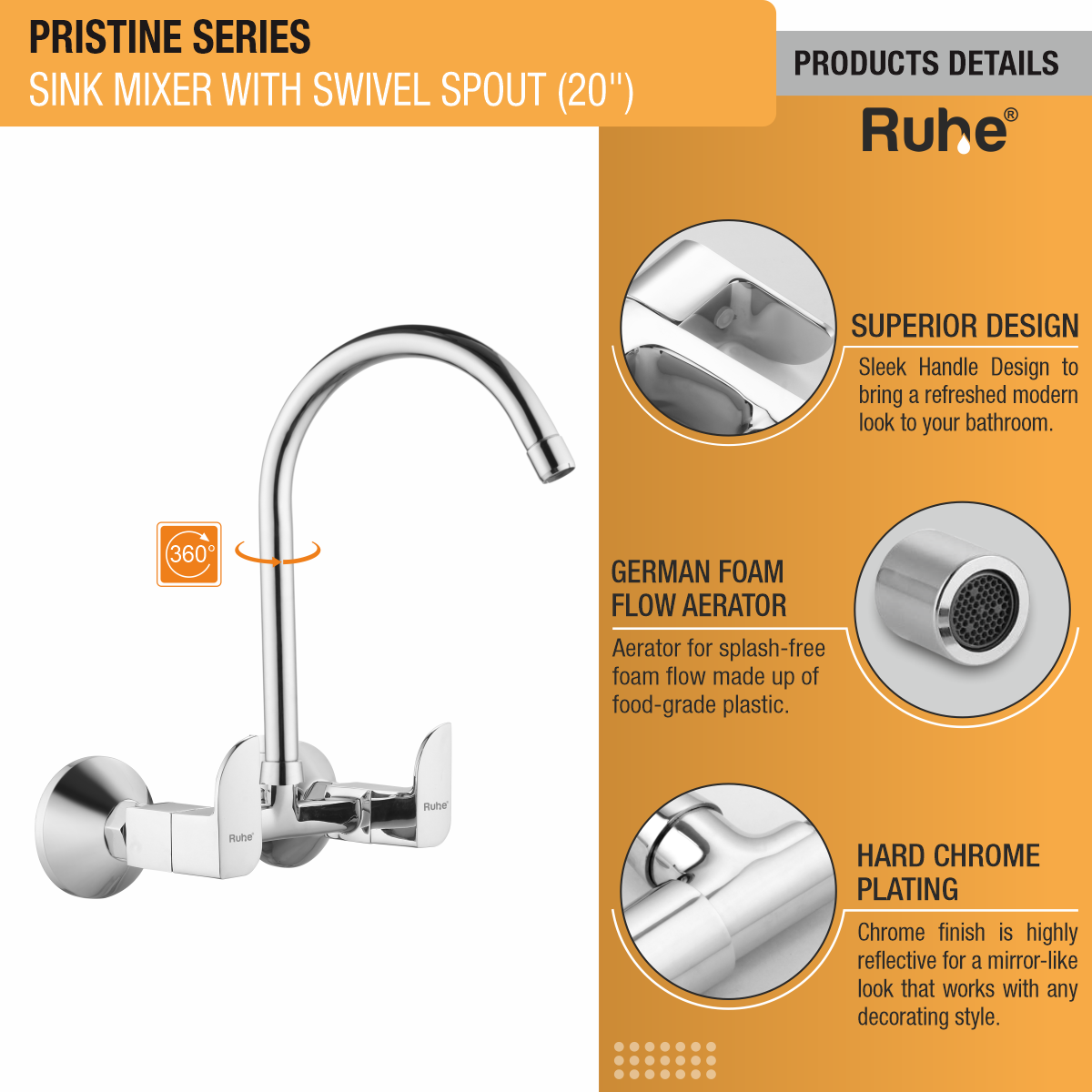 Pristine Sink Mixer with Large (20 inches) Round Swivel Spout Brass Faucet product details