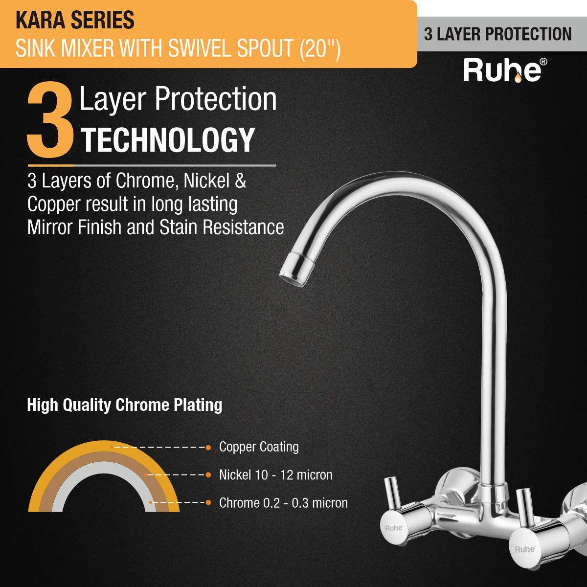Kara Sink Mixer with Large (20 inches) Round Swivel Spout Faucet 3 layer protection