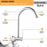 Euphoria Sink Mixer with Large (20 inches) Round Swivel Spout Brass Faucet features